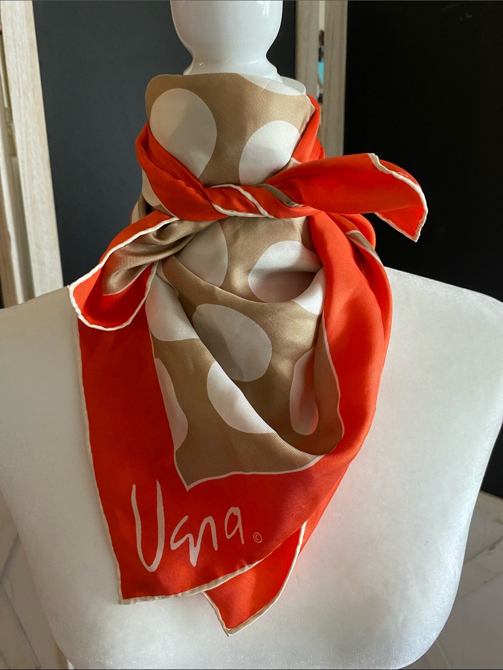 Vintage Vera Neumann silk scarf, cream polkadots on tan and orange background